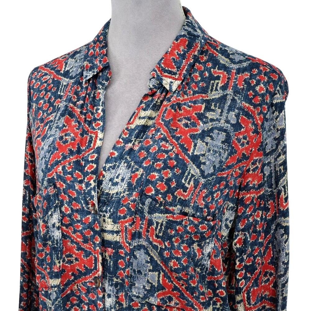 Pilcro Top Womens Medium Red Blue Ikat Lightweight Cotton Blouse Anthropologie - Picture 8 of 16